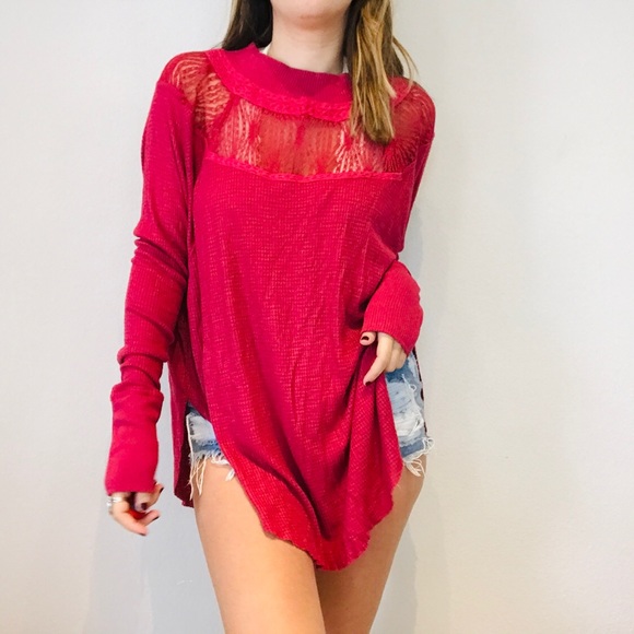 Free People pink lace inset oversized thermal - Picture 2 of 9